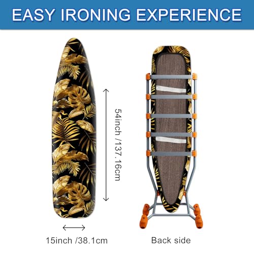 HOMETITUTE Luxury Black Gold Leaf Ironing Board Cover Stretch Fabric with Elasticity Velcro Fastening Modern Metallic Leaf Ironing Board Cover 15x54 Inches Home Decor - color: Y25811043jh