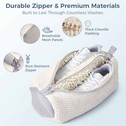 Shoe Washing Machine Bag for Sneakers, Double Compartment Shoe Laundry Bag with Chenille Microfiber, Durable Mesh Shoe Wash Bag for Washer & Dryer, Sneaker Cleaner for Running, Tennis & Kids Shoes - color: White