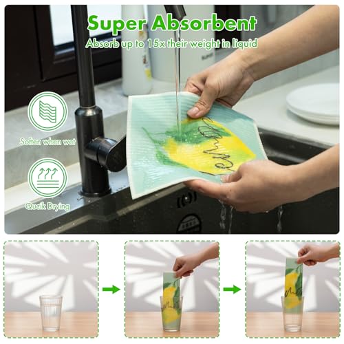Swedish Dishcloths for Kitchen, 6 Pack Lemon Swedish Dish Towels with Clips, Reusable Paper Towels Washable Non-Scratch Super Absorbent Cellulose Sponge Cloths, Biodegradable No Odor - color: Lemon