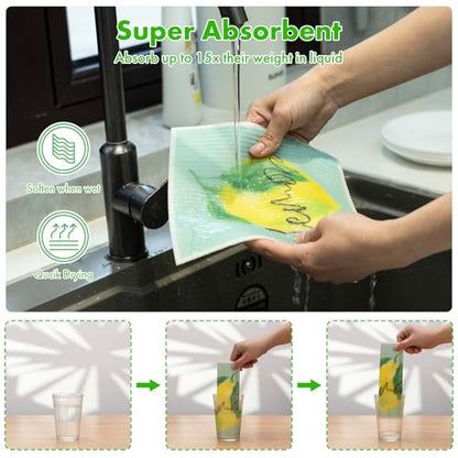 Swedish Dishcloths for Kitchen, 6 Pack Lemon Swedish Dish Towels with Clips, Reusable Paper Towels Washable Non-Scratch Super Absorbent Cellulose Sponge Cloths, Biodegradable No Odor - color: Lemon