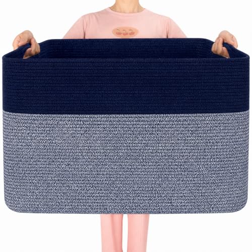 MINTWOOD Design 112L Extra Large Blanket Basket Holder Living Room, 25"x17"x16" Rectangle Rope Woven Storage Basket with Handles for Laundry, Towels, Shoes, Dog Toy Organizer Bin Box, Navy Blue - color: Navy Blue