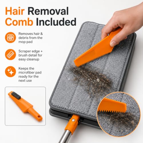 Microfiber Flat Mop for Floor Cleaning, Foldable Floor Mop with 2 Washable Pads & Hair Removal Comb, Adjustable Long Handle Dust Mop for Hardwood Tile Laminate, Wet & Dry Baseboard Cleaner