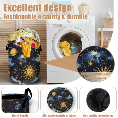 Sun Moon Laundry Basket, Foldable Cloudy Starry Night Laundry Hamper Tote Bag Dirty Clothes Storage Bucket Organizer for Bathroom/Laundry/Bedroom 15.7"x19.6" - color: Beautiful Sun Stars Moon