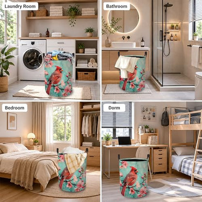 Cardinal Bird Laundry Basket, Pink Flowers Collapsible Laundry Hamper Waterproof Oxford Cloth With Handles, Clothes Storage Bucket For Bathroom/Bedroom 16" x 20.8" - color: Cardinal Bird