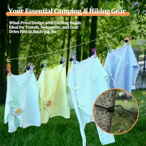 Travel Clothesline Retractable Portable Clothesline with 12 Clips Portable Elastic Camping Clothes Line with Anti-Slip Beads & Stainless Hooks for Hotel, RV, Boat, Outdoor Use (2 Pack) - size: 2 Pack