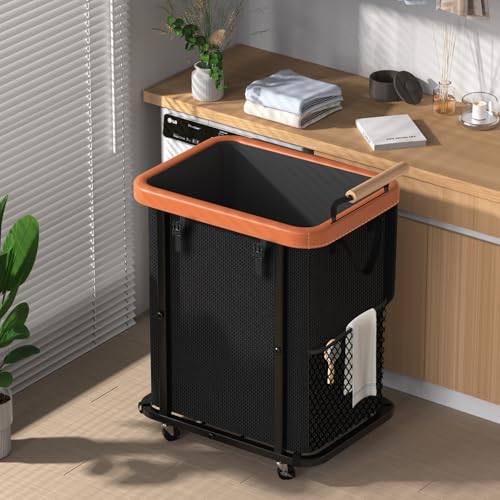 Laundry Hamper with Lid,Leather Patchwork Laundry Basket with Wheels 40Gal - color: Black, size: 1 Section