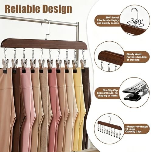 Legging Hangers for Closet Organizer - Pants Hangers with Clips Holds 20 Leggings - 360° Rotating Space Saving Non-Slip Legging Organizer for Closet Hanging Jeans, Shorts, Socks Brown 2 Pack