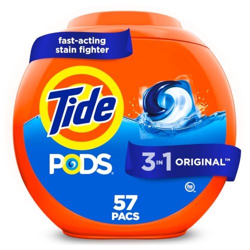 Tide PODS laundry detergent pacs, 3-in-1 Stain Remover, Odor Fighter, Color Protector, 57 Count, HE compatible, Original Scent - size: 57 Count (Pack of 1)