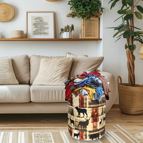 Vintage Forest Bear Laundry Basket Oxford Cloth Foldable Hamper 18.9x16.5In - color: Bear With Deers Retro Forest