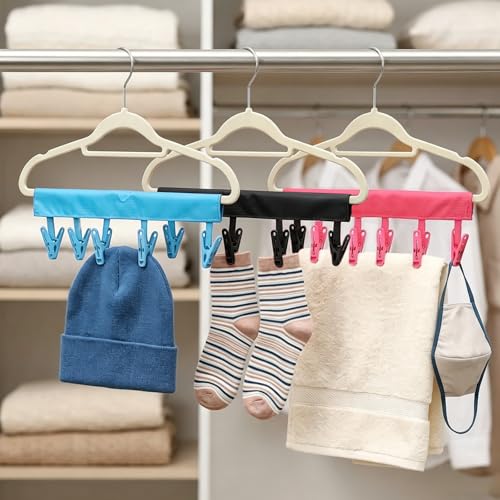Mini Clothespins Travel Hangers 3-Pack: Foldable Portable Clothes Hangers w/ 6 Clips for Swimsuit, Towel & Sock Drying Rack - Cruise, Dorms, Travel (Black, Blue, Red) - color: Black, Blue, Red