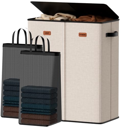 150L Double Laundry Hamper With Lid, Large Clothes Hampers with Removable Bag, Laundry Hamper 2 Section for Bathroom, Bedroom, Laundry Room, Dorm - color: Beige, size: 39.63 Gal - 2 Section