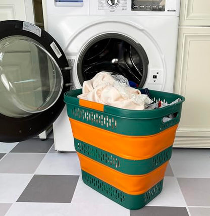 SAMMART 38L(10 Gal) Collapsible Laundry Basket - Foldable Pop-Up Storage Container/Organizer-Portable Space Saving Hamper, Measure 17.5x13.3x15.7/3.8" Expanded/Collapsed (1, Teal Green/Autumn Leaf) - color: Teal Green/Autumn Leaf