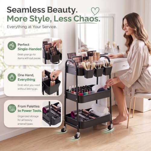 Heavy Duty 3 Tier Rolling Cart Metal with Wheels,Three Tiered Rolling Carts - color: Mystic Black