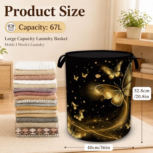 Golden Butterfly Sparkle Collapsible Laundry Hamper for Bedroom, Freestanding Oxford Clothes Basket, Large Foldable Storage Bin with Easy-Carry Handles for Bathroom Dorm Laundry Room - color: Golden Butterfly Sparkle