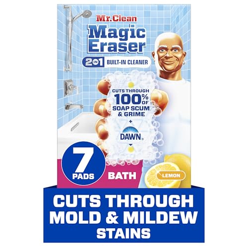 Mr. Clean Magic Eraser Sponge, Bathroom Cleaner, Shower Cleaner, Tub Cleaner, Soap Scum Remover, Bathroom Cleaning Supplies, Dawn Cleaning Power with Lemon Scent, 2 in 1 Bath, 7ct - size: 7 Count (Pack of 1), style: Original Version