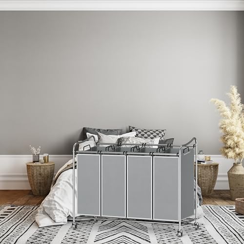 Simple Houseware 4-Bag Heavy Duty Laundry Sorter Rolling Cart, Silver - color: Silver
