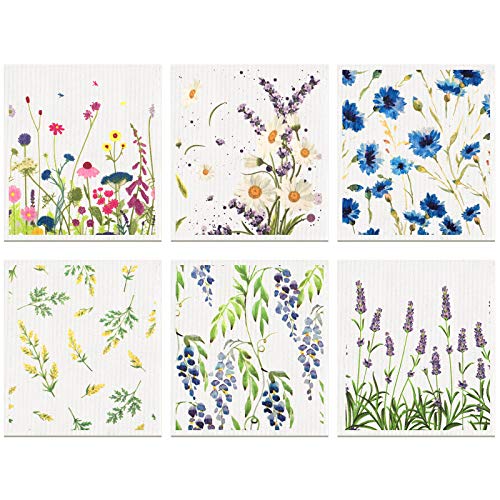 Remagr Swedish Kitchen Dish Towels Wildflowers Reusable Sponge Cleaning Cloths Absorbent Quick Drying Washable Cleaning Wipes No Odor Hand Towel (6)