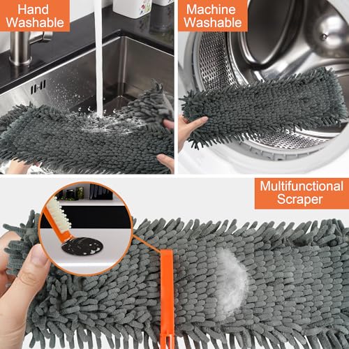 JEHONN Dust Mop for Hardwood Floors, Broom Duster with Unique 90° Foldable Panel, 2 Chenille and 2 Microfiber Pads, Dry Wet Flat Dustmop for Cleaning Vinyl, Laminate, Tile, Marble (Orange)