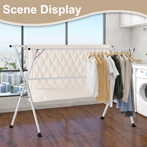 Stainless Steel Clothing Rack, Clothes Drying Rack Foldable, Anti Slip Laundry Clothes Drying Rack with Wheels, Adjustable Length 48.81-78.74(in), Silvery, Suitable for Indoor Balconies - color: Horseshoe Silver Coat Hanger