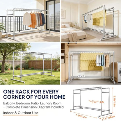 7.2ft Clothes Drying Rack, Heavy Duty Steel Laundry Rack Indoor Outdoor, Blanket Rack Clothesline with Hooks(Height 5.9ft/1.8m) - size: Height 5.9ft/1.8m
