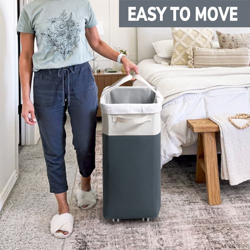 Goodpick 2-Pack Rolling Laundry Basket with Wash Bag, Hamper for Dorm, 75L - color: Grey & White 2-Pack
