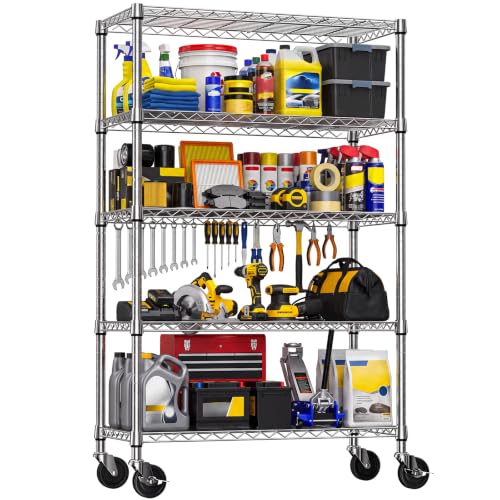 IZEUK Heavy Duty 5-Tier Metal Shelving Rack Rolling for Garage Storage - color: Chrome, size: 5 Tier, 17.7" D*47.2" W*72.4 " H