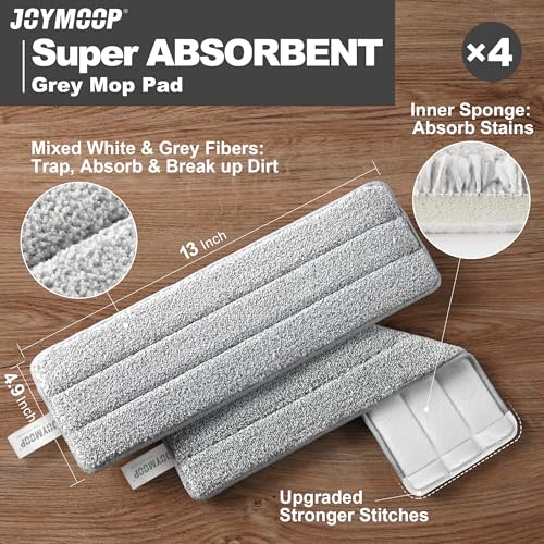 JOYMOOP Microfiber Flat Mop Pads, Washable Replacement Pads for 13 Inch Mop System, Grey, Pack of 4 - color: 4 Pcs 13" - 4 Grey, size: 13.0 × 4.9 Inch