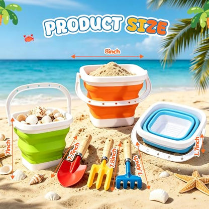 Umnodobn Collapsible Beach Bucket with Metal Shovels Set, Beach Toys Gifts for Adults, ABS Foldable Pails for Pool, Camping, Easter Party, Fishing, Summer Winter Activities 6PCS
