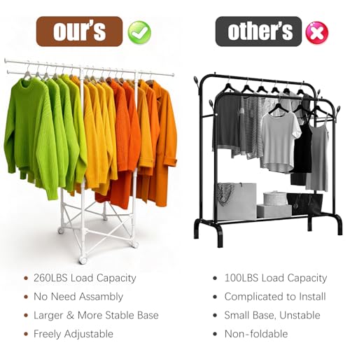 Clothes Rack, Rolling Clothes Drying Rack for Hanging Clothes Portable Foldable Laundry Rack for Air Drying Clothing Double Rods, Metal Garment Racks 21.7"*56.7"*60.6", White