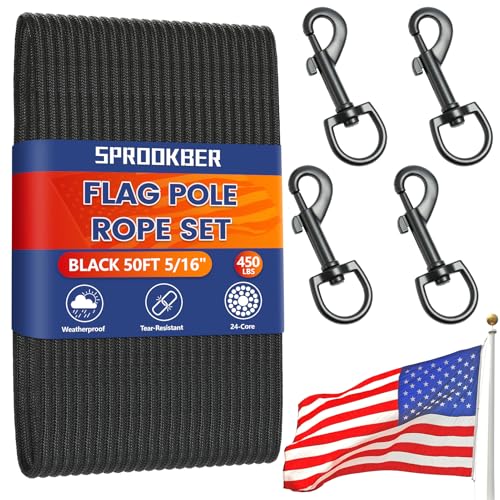 sprookber 50Ft Flagpole Rope Kit 5/16" Nylon Halyard with Swivel Snap Hook - color: Black, size: 50FT