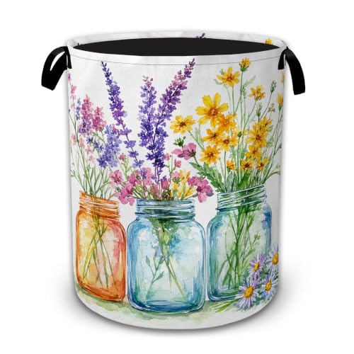 Wildflower Mason Jars Decorative Laundry Hamper, Tall Foldable Oxford Clothes Basket with Handles, Lightweight Dirty Clothes Holder for Bedroom Bathroom Laundry Room - color: Wildflower Mason Jars