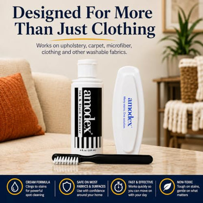 Amodex Ink & Stain Kit with Stain Remover Brushes, Removes Ink, Sharpie, Grease, Food and More, Safe and Effective on Clothes, Leather and Skin, Includes 1 Bottle and 2 Brushes - style: Stain Remover Brush Kit