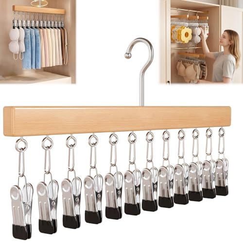 Pure Wood Rotating Closet Organizer with 12 Clips, Legging Hangers for Closet Organizer- 360 Rotating Metal Clips with Silicone Lining, Space Saving Hanging for Jeans Skirts Socks (1)