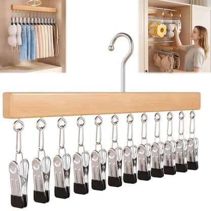 Pure Wood Rotating Closet Organizer with 12 Clips, Legging Hangers for Closet Organizer- 360 Rotating Metal Clips with Silicone Lining, Space Saving Hanging for Jeans Skirts Socks (1)