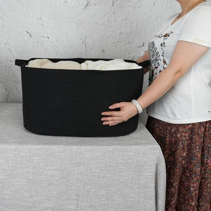 XUANGUO Large Rectangle Woven Cotton Rope Blanket Basket 22"x17"x12" Black - color: black