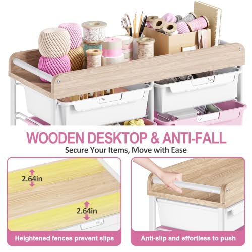 10 Drawers Rolling Cart with Wooden Tabletop, Utility Storage Cart with Wheels, Art Supply Craft Organizer on Wheel with Metal Frame & Handles for Home Office School,Pink - color: Pink