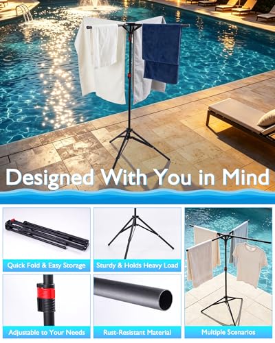 Metal Pool Towel Stand, Foldable Outdoor Towel & Swim Gear Storage Rack, Stable Tower Holder with Tripod Base, Matte Metal Frame for Backyard, Beach Indoor Drying Arrangement - color: Black