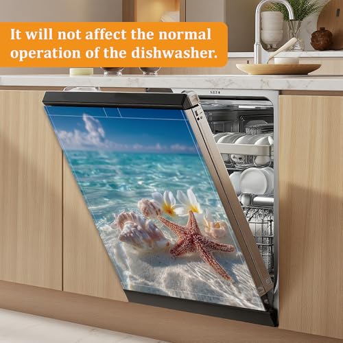 Summer Starfish Seashell Dishwasher Cover Magnet, 23 x 26 Inch Trimmable Magnetic Sticker for Dishwasher Front Panel, Easy Clean Decor for Fridge - color: Summer Starfish Seashell