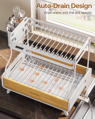 Urackify 2-Tier Stainless Steel&Bamboo Dish Rack for Kitchen Counter,White - color: White, size: 2 Tier