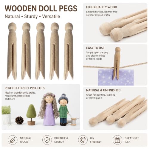 Round Wooden Clothespins, 12pcs Durable Wood Clips Dolly Style Traditional Heritage Clothes Peg Old Fashioned for Outdoor Clothesline Home Kitchen Travel DIY Projects
