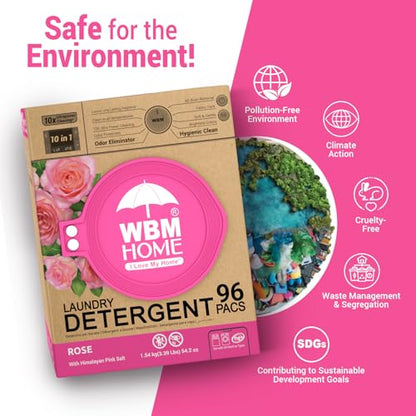 WBM Home 10-in-1 Laundry Pods, Total 96 Count, Ultra Concentrate with Powerful Stain Lifter Technology, Fabric Softener With Rose Extracts, Detergent Pods - size: 96 Count (Pack of 1)