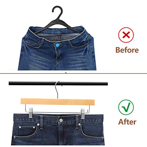 AMKUFO 20 Pack Natural Wooden Pants Hangers with Clips Non Slip Skirt Hangers Trouser Clamp Hanger Solid Wood Hanger with 360° Swivel Hook - color: Natural, size: 20 Pack