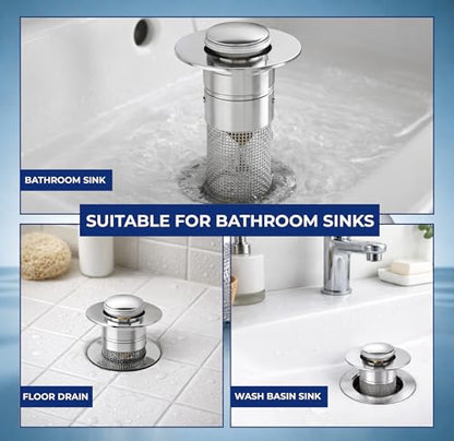Bathroom Sink Drain Strainer with Removable Basket – 2 Pack Bathroom Sink Stopper Plug & Pop Up Drain Stopper | 2.90 x 2.30 x 1.25 inches | Easy to Clean Hair Catcher
