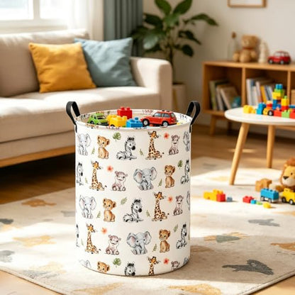 Round Jungle Wildlife Laundry Hamper, Cotton Canvas Storage Bin - color: Round Safari Animal
