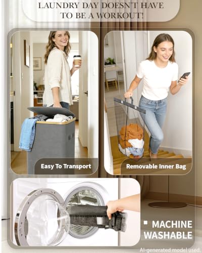 Laundry Hamper with Wheels, 75L Rolling Laundry Basket, Removable Inner Bag - color: Gray, size: 75L
