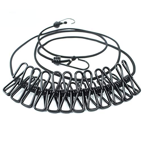 AKOAK 1 Pack Multi-Function Outdoor Home Clothesline Travel Portable Windproof Non-Slip Drying Rope 12 Clip (Black) - color: Black