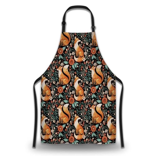 Mom Apron for Men Cute Fox Fall Autumn Forest Flower Watercolor Cute Aprons for Women for Kitchen Cooking Restaurant BBQ Painting Crafting Gardening 27” (W) x 31” (H), Waterproof Apron - color: Watercolor Fox