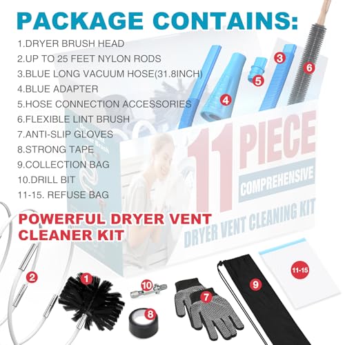 Sealegend 15-Piece 25-Feet Dryer Vent Cleaner Kit, Dryer Cleaning Tools, Omnidirectional Dryer Lint Vacuum Attachment, Dryer Vent Brush, Universal Vacuum & Dryer Adapters (Blue) - size: 25 feet
