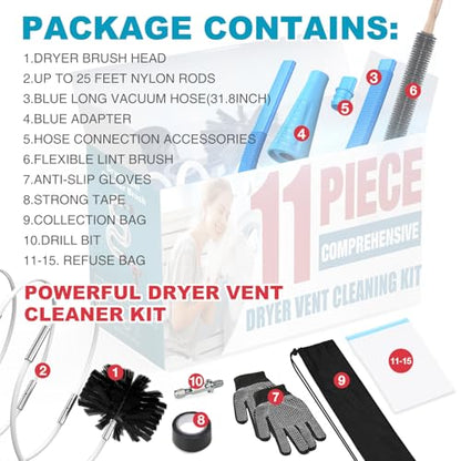 Sealegend 15-Piece 25-Feet Dryer Vent Cleaner Kit, Dryer Cleaning Tools, Omnidirectional Dryer Lint Vacuum Attachment, Dryer Vent Brush, Universal Vacuum & Dryer Adapters (Blue) - size: 25 feet