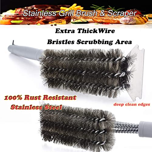Grill Brush and Scraper-Best BBQ Brush for Grill Outdoor, 18" Stainless Steel with Wire Bristles 3 in 1 Bristles Grill Cleaning Brush - Gifts for Grilling Enthusiasts & Men Dad - color: Gray